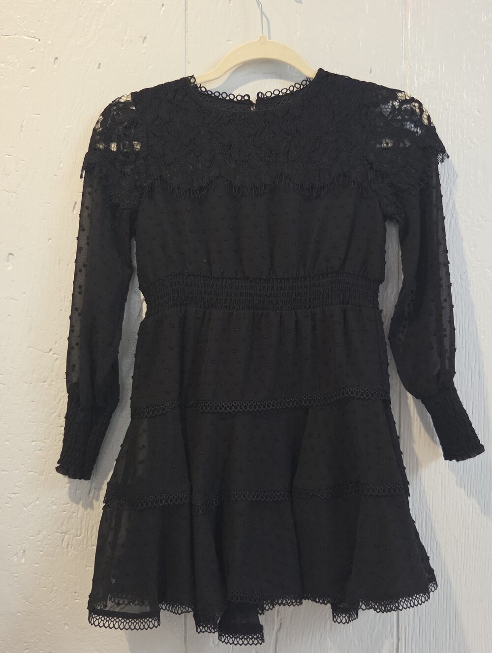 Bardot Junior 35Black Lace Tiered Long-Sleeve Mini Dress
